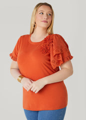 Floral Applique Poplin Paneled Tee