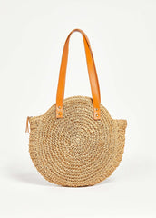 Faux Leather Trimmed Straw Bag