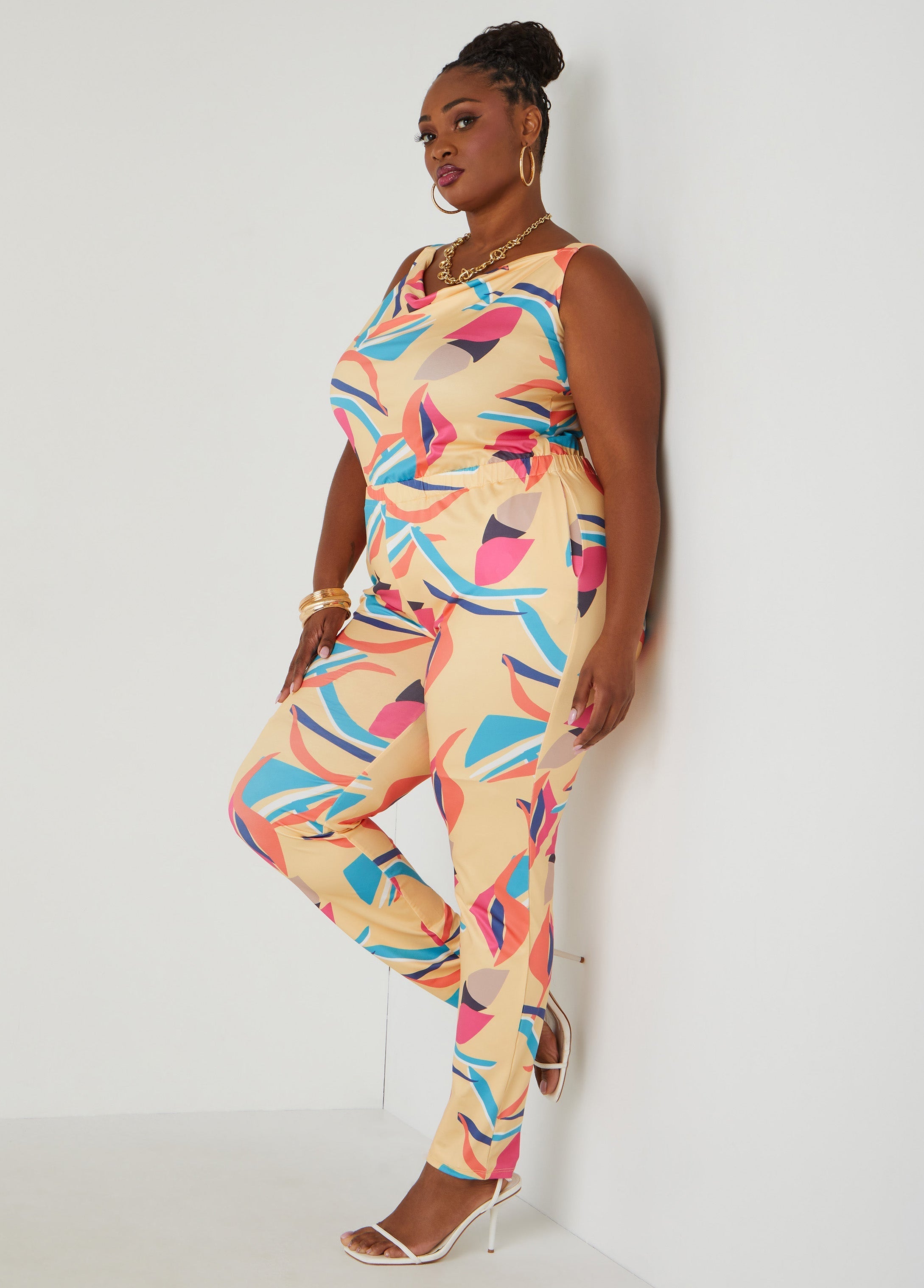 Abstract Print Cowl Neck Jumpsuit