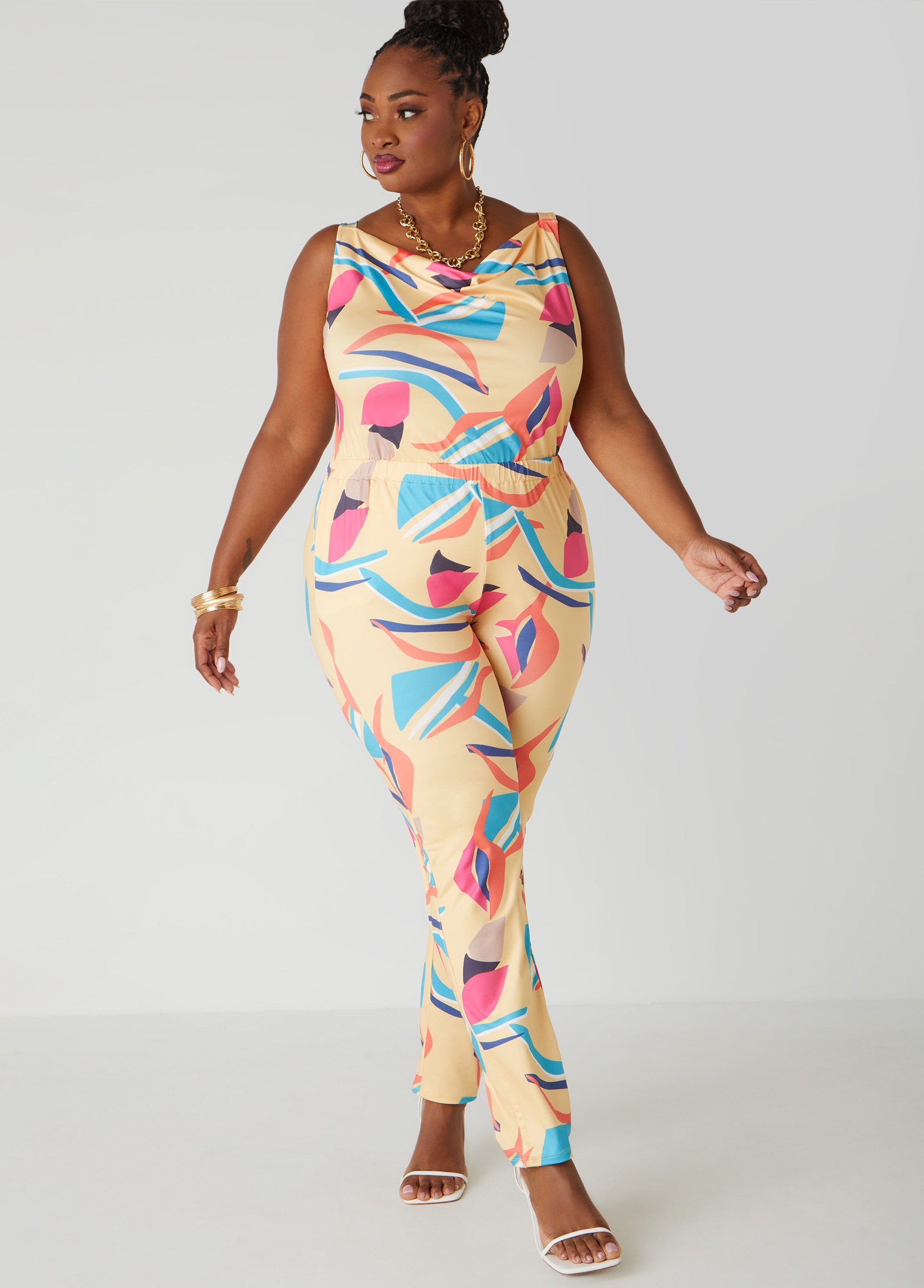 Abstract Print Cowl Neck Jumpsuit