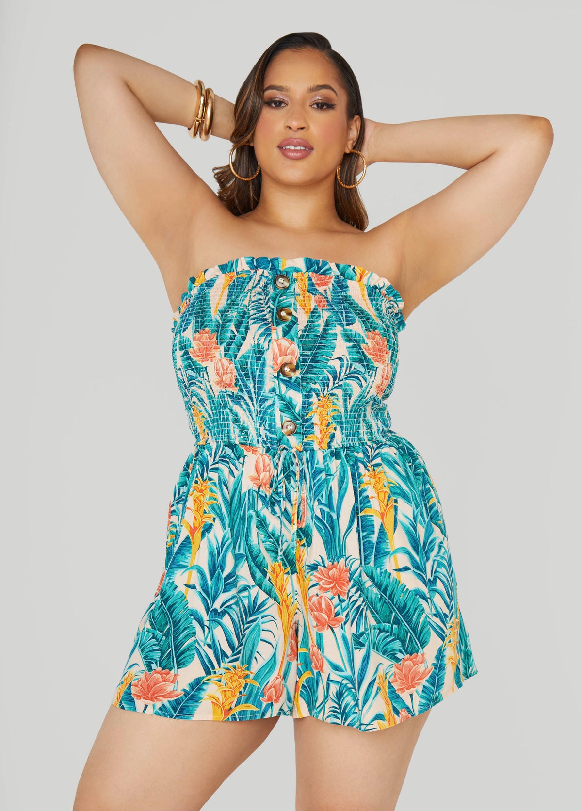Strapless Tropical Print Romper