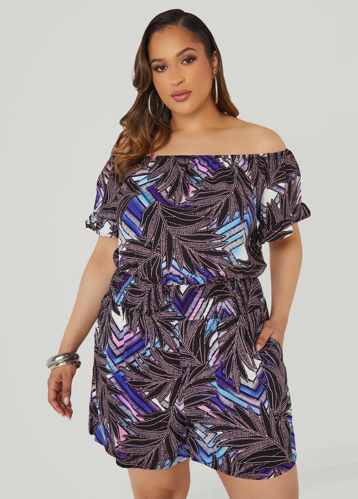Off The Shoulder Geo Print Romper