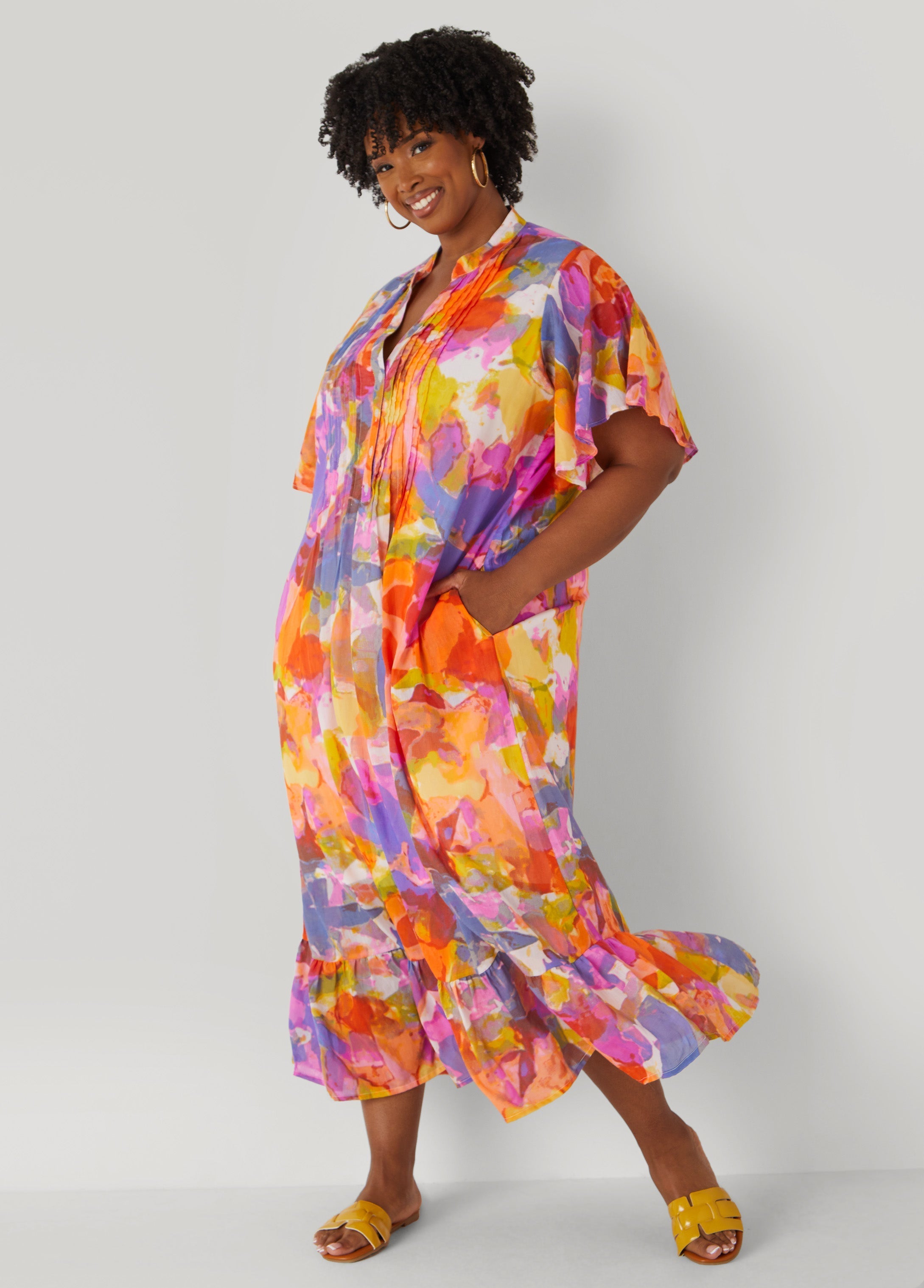 Pleated Watercolor Maxi Dress