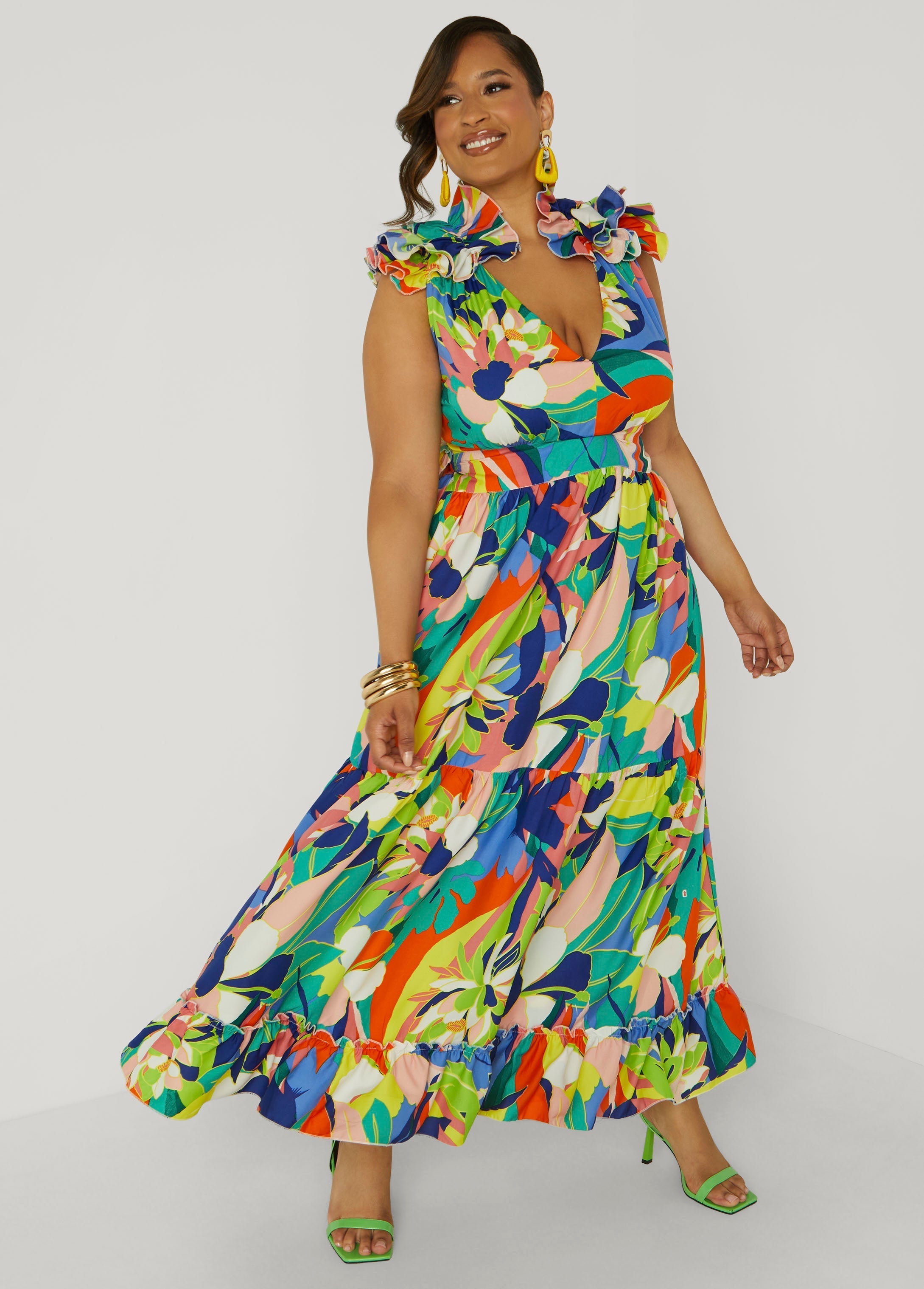 Lace Up Floral Print Maxi Dress