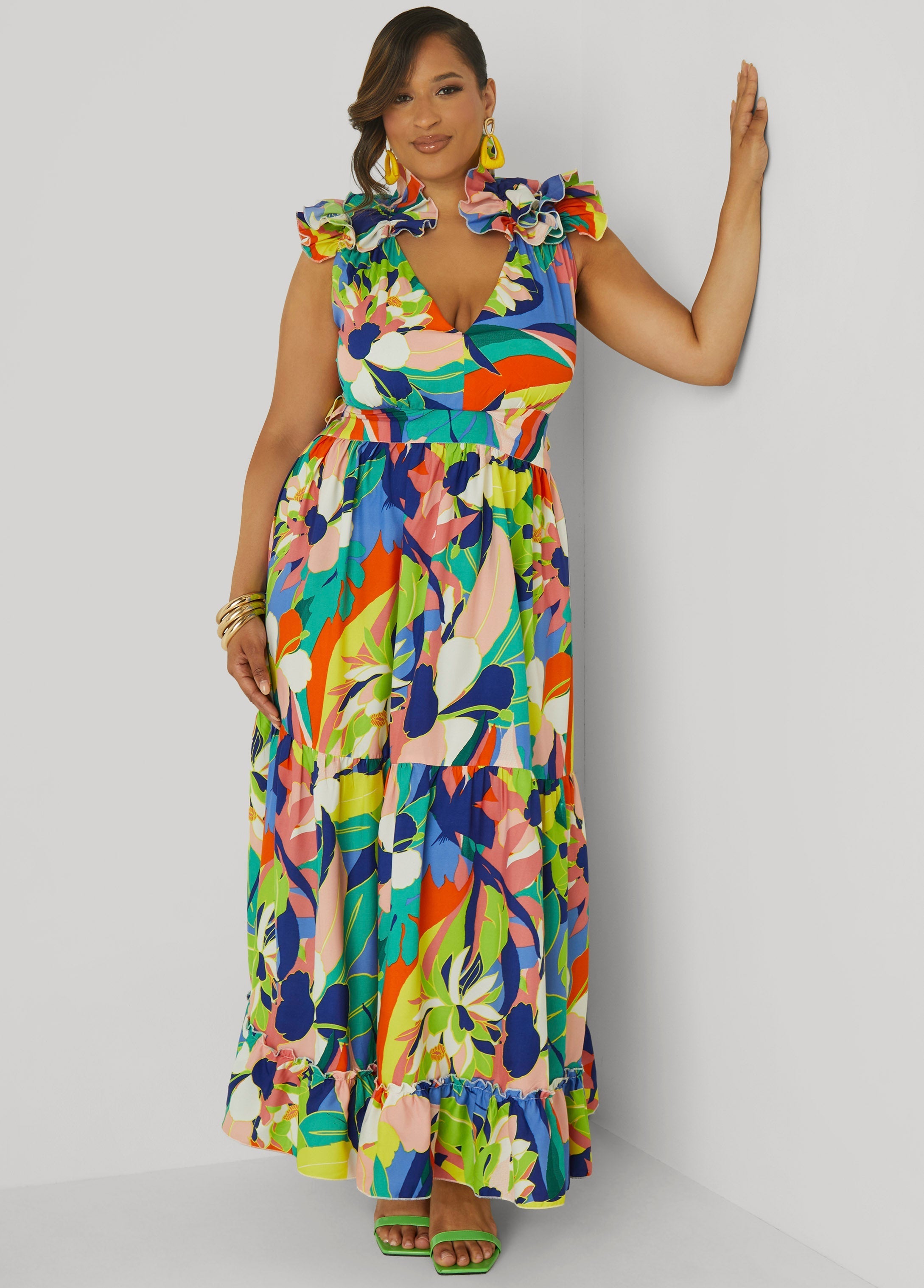 Lace Up Floral Print Maxi Dress