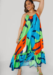Chain Trimmed Abstract Maxi Dress