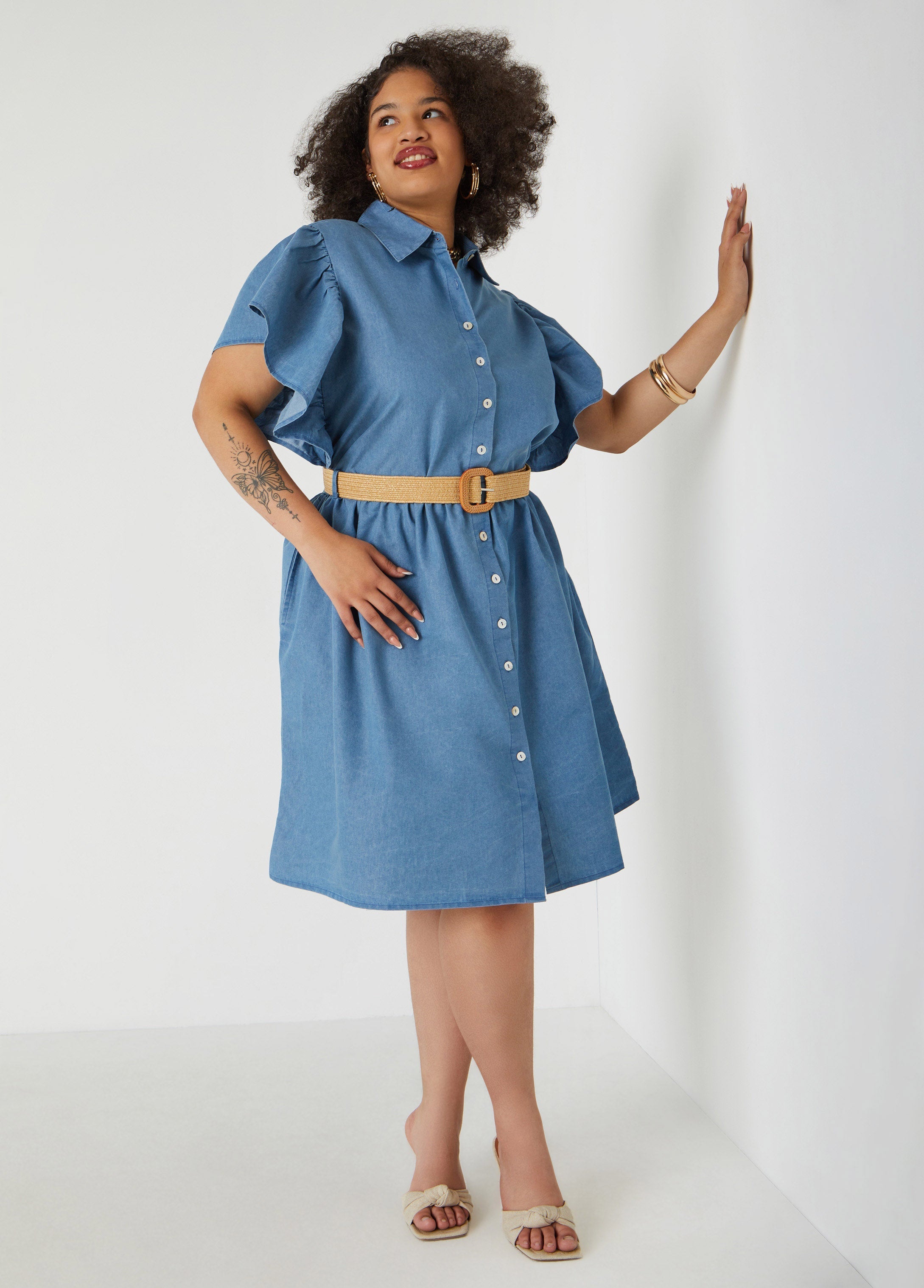 Belted A Line Chambray Dress