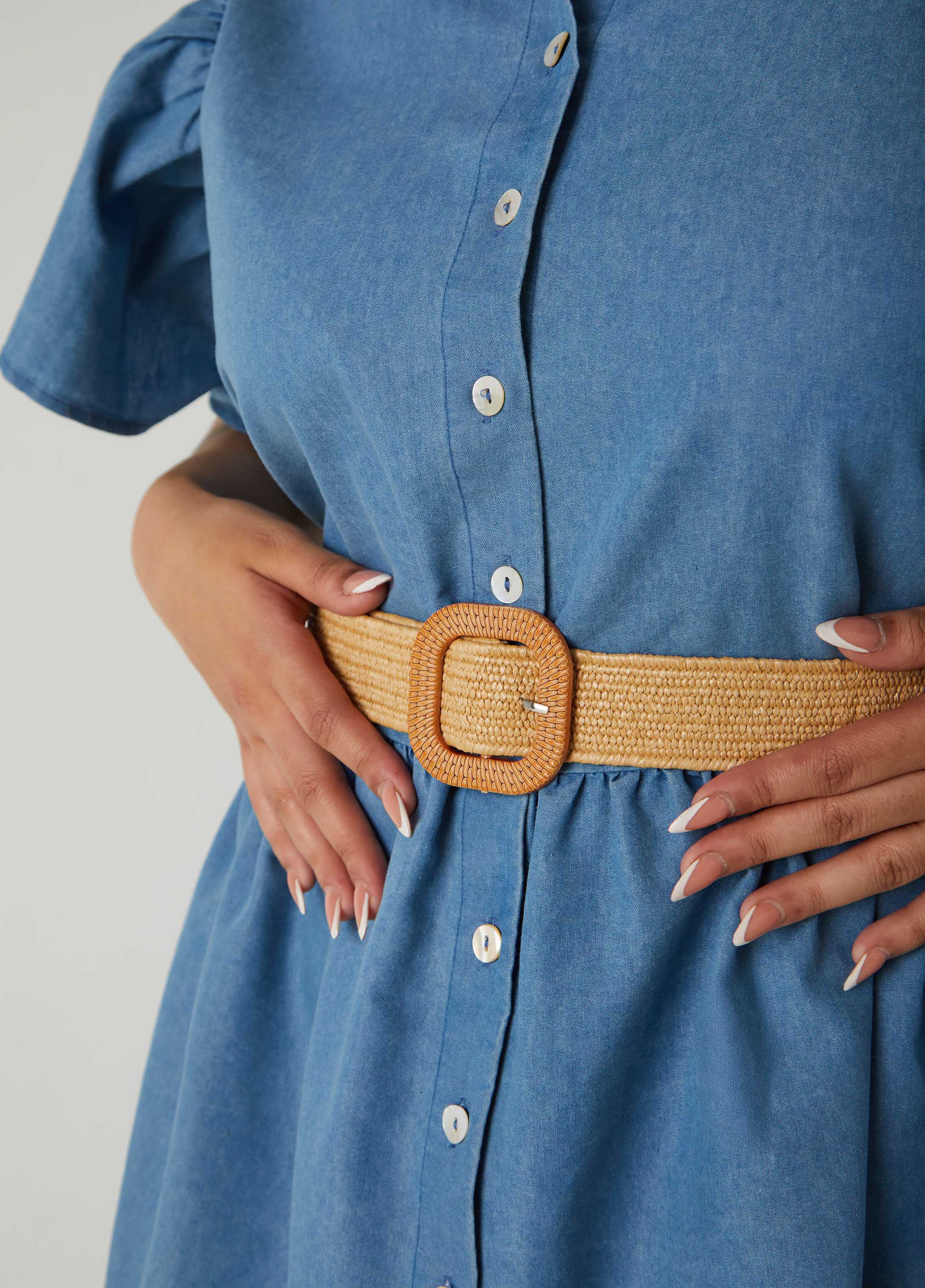 Belted A Line Chambray Dress
