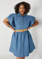 Belted A Line Chambray Dress