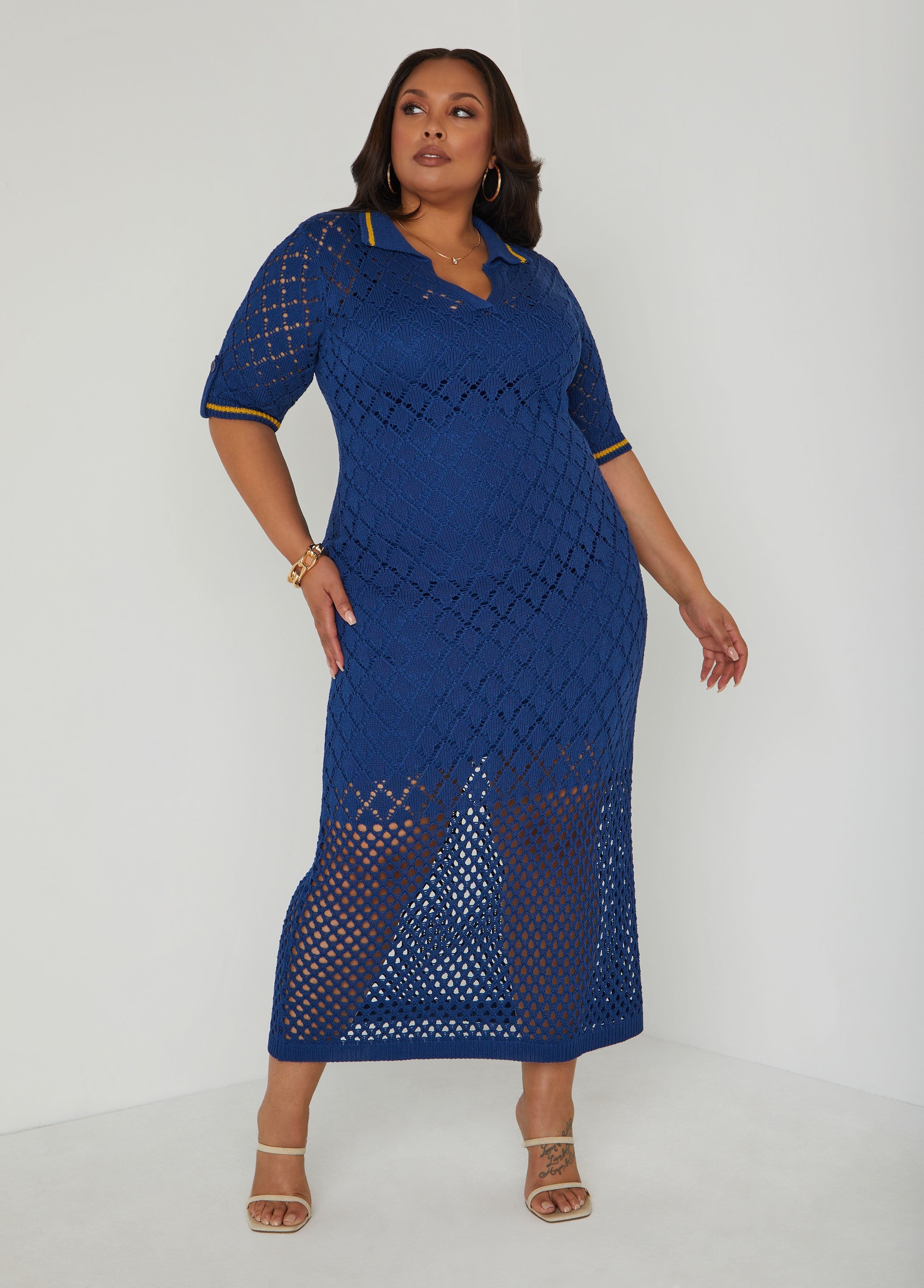 Pointelle Knit Polo Maxi Dress