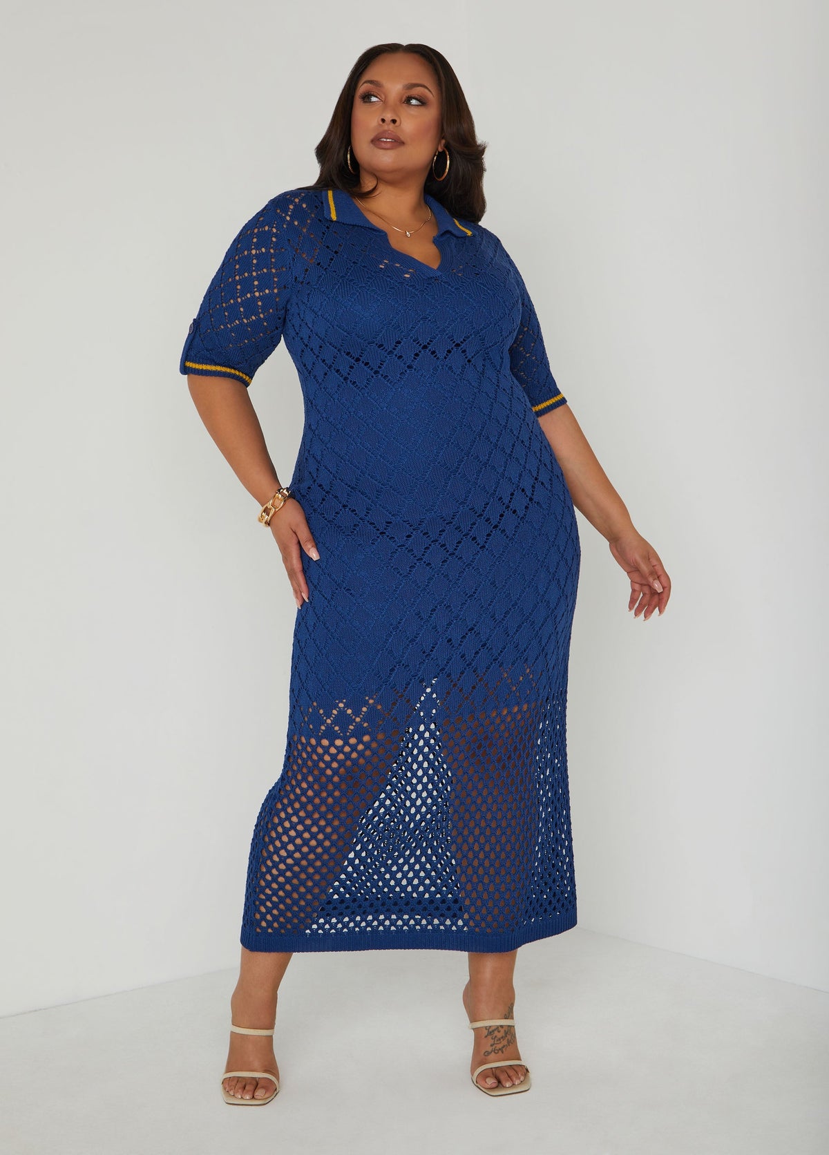 Pointelle Knit Polo Maxi Dress