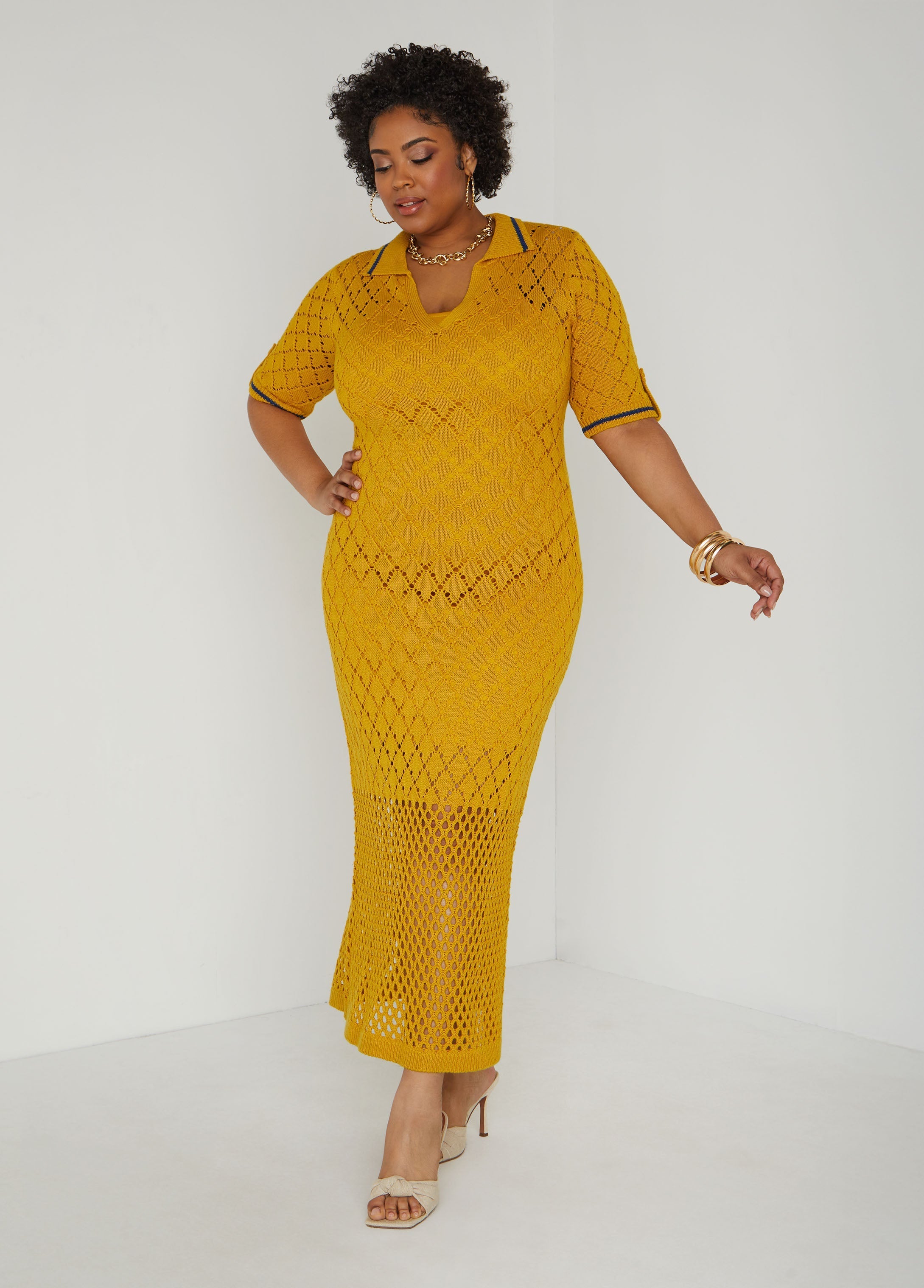 Pointelle Knit Polo Maxi Dress