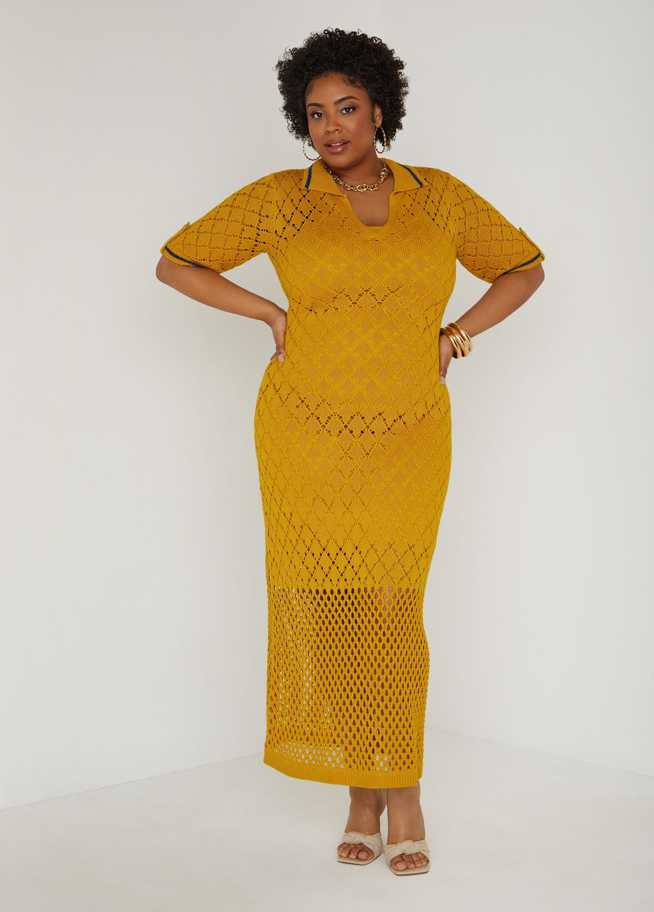 Pointelle Knit Polo Maxi Dress