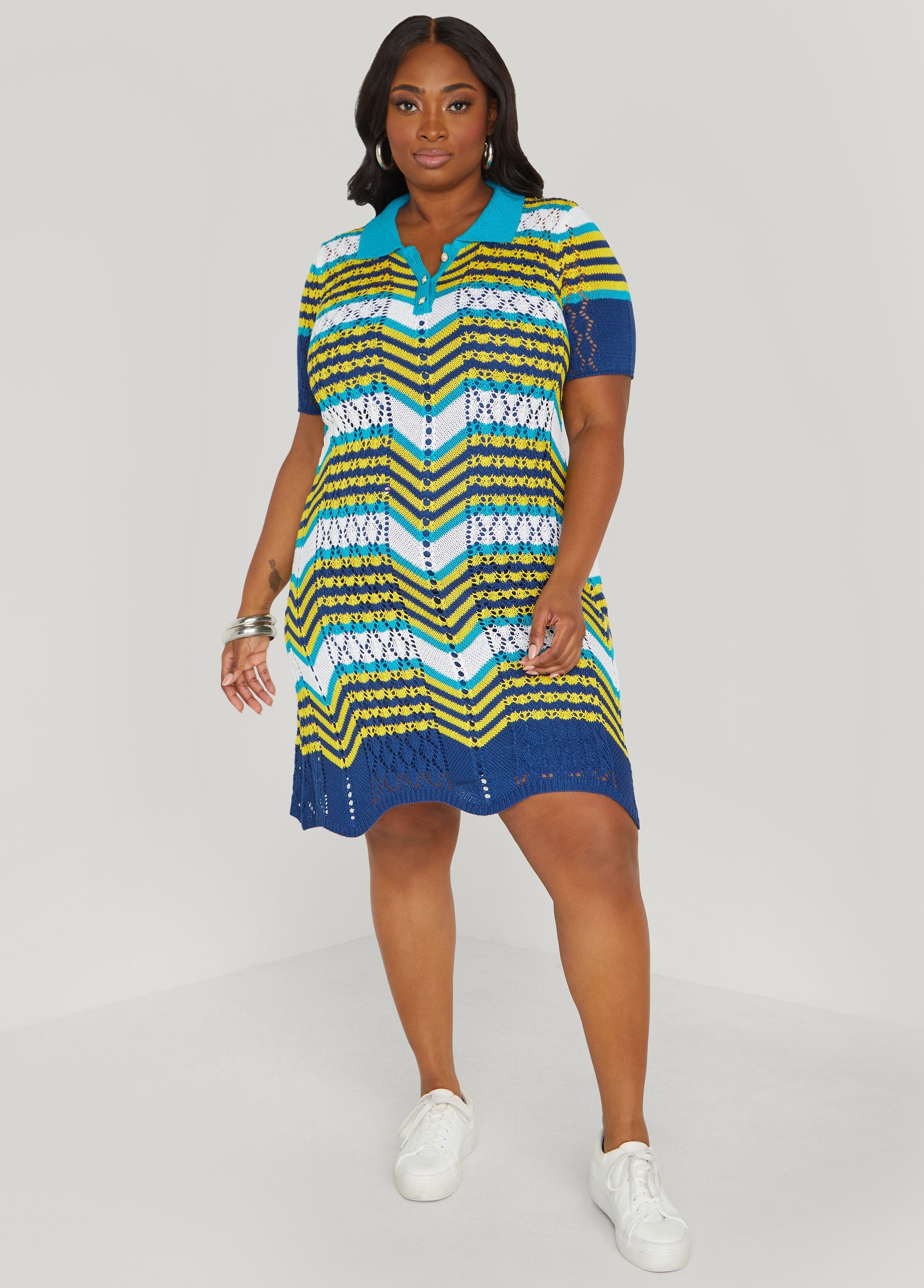 Striped Pointelle Knit Polo Dress