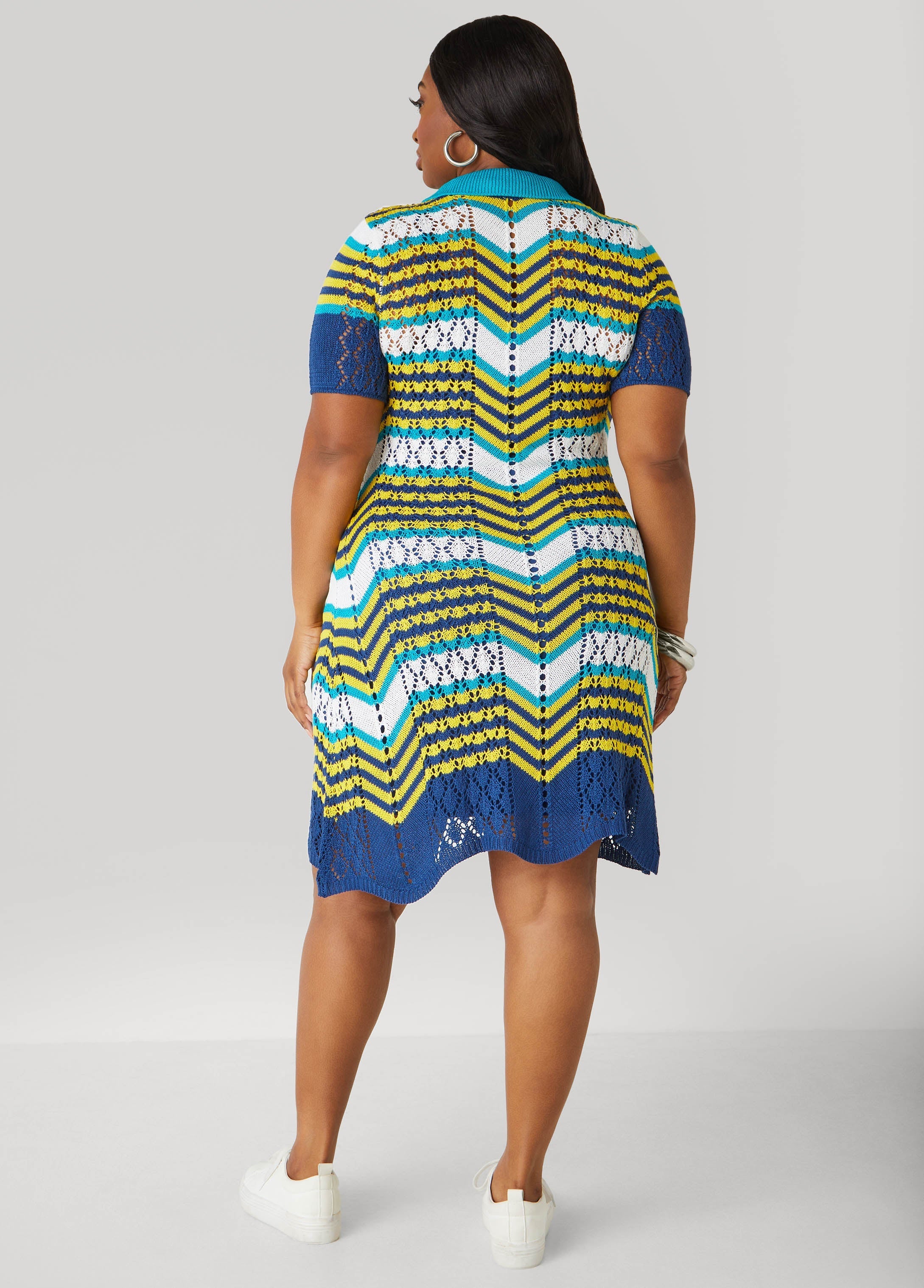 Striped Pointelle Knit Polo Dress