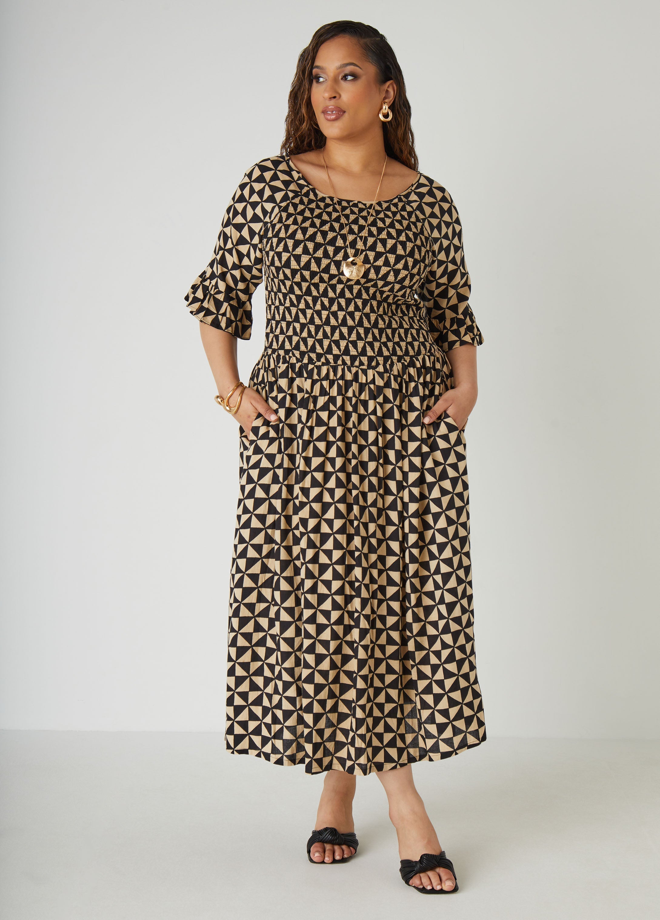 Shirred Geo Print Maxi Dress