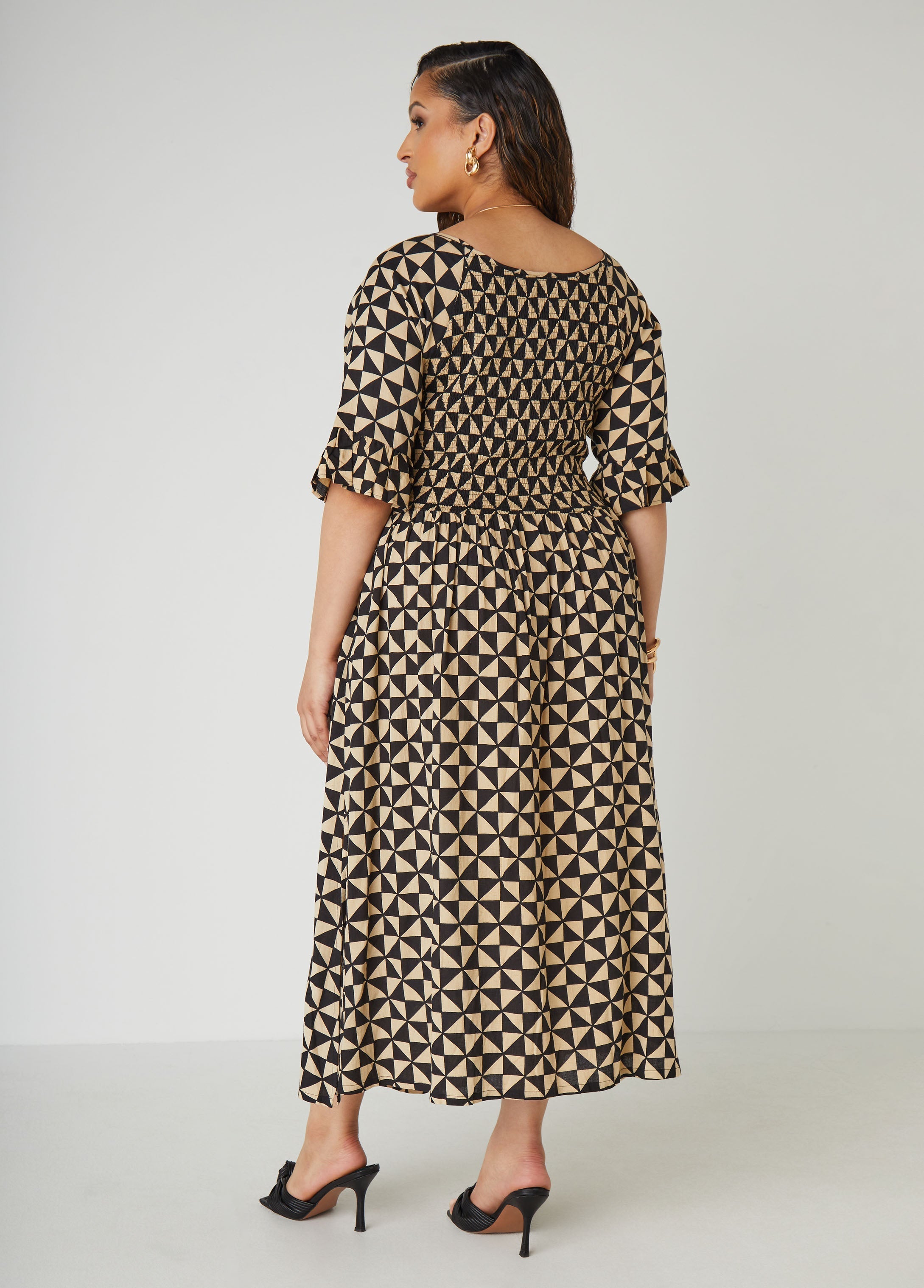 Shirred Geo Print Maxi Dress
