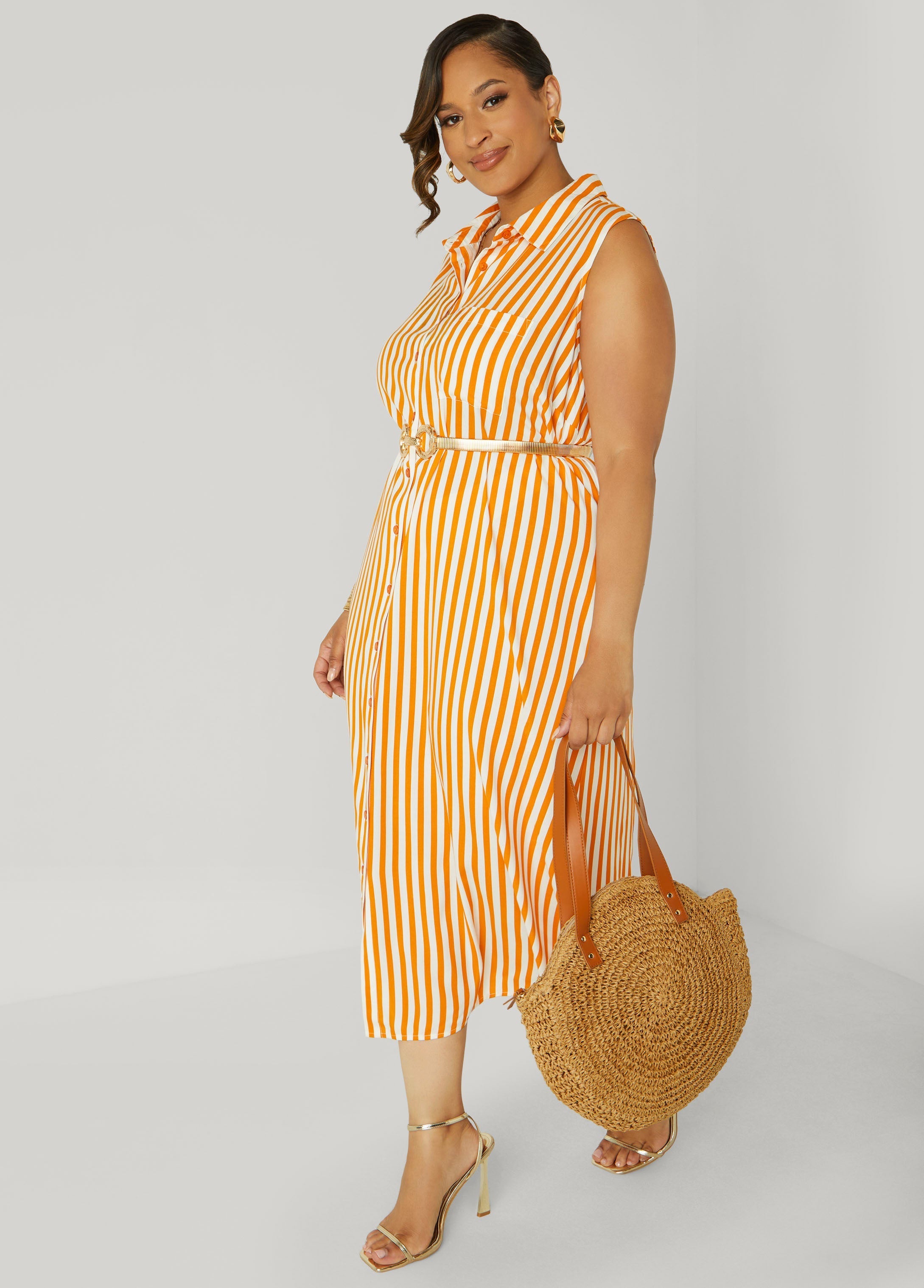 Button Front Striped Shirtdress