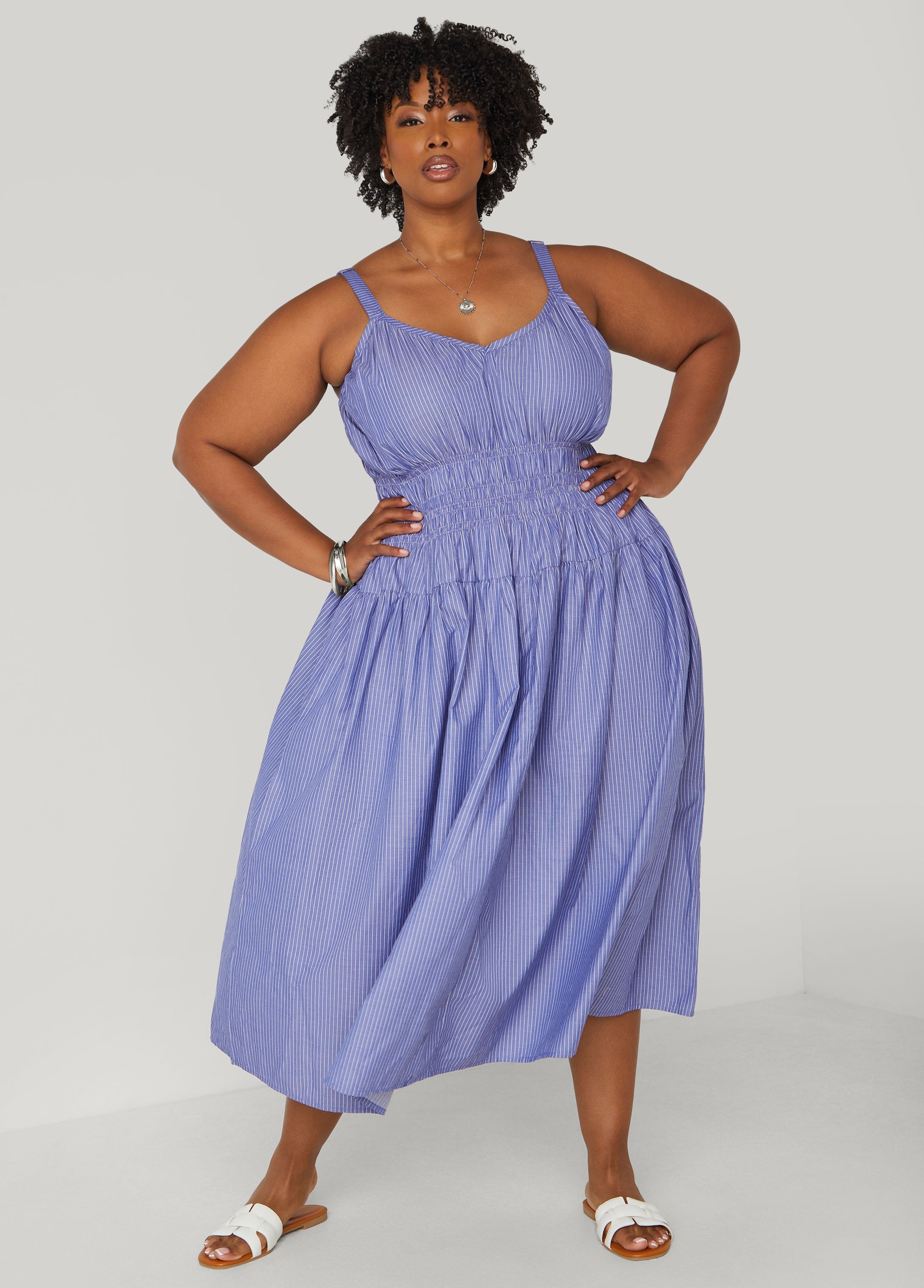 Shirred Striped Midaxi Dress