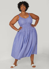 Shirred Striped Midaxi Dress