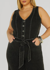 Belted Denim Wide Leg Jumpsuit