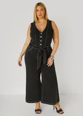 Belted Denim Wide Leg Jumpsuit