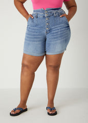 Cuffed High Waist Denim Shorts