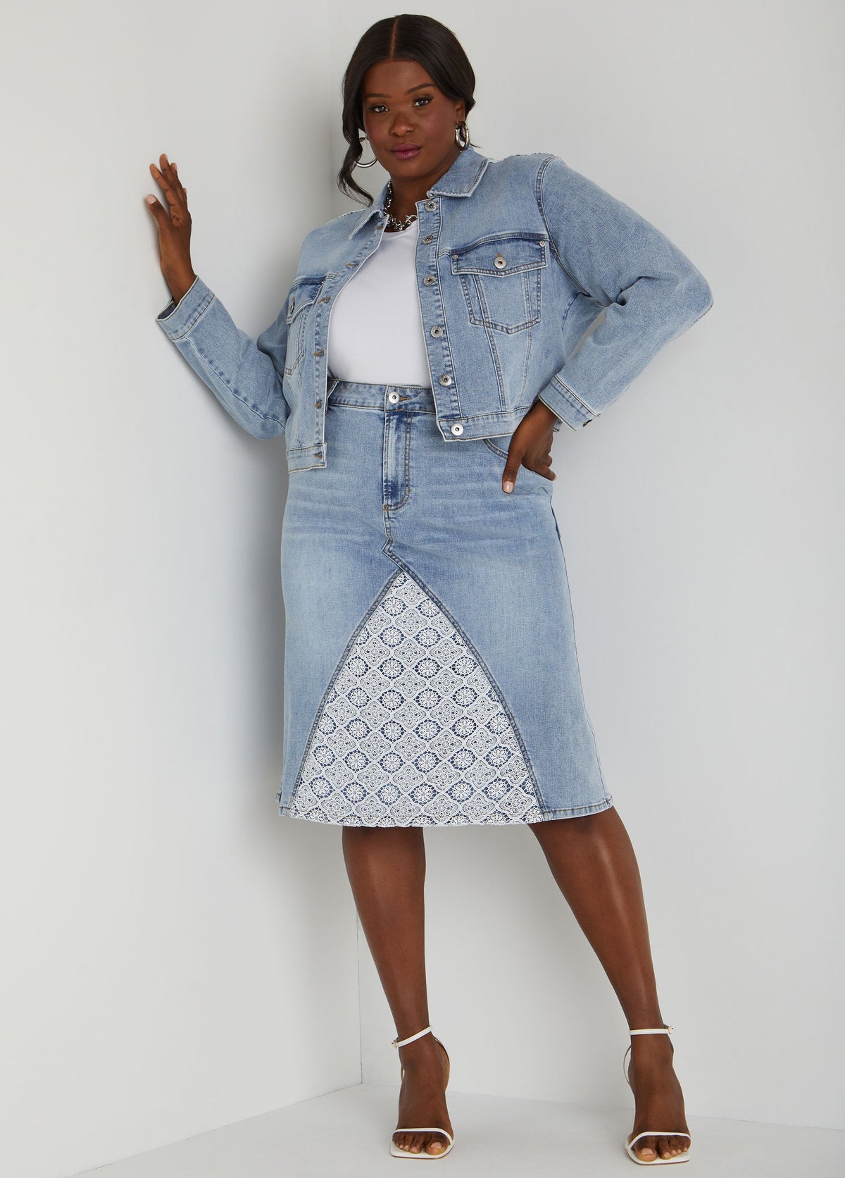Crochet Paneled Denim Skirt
