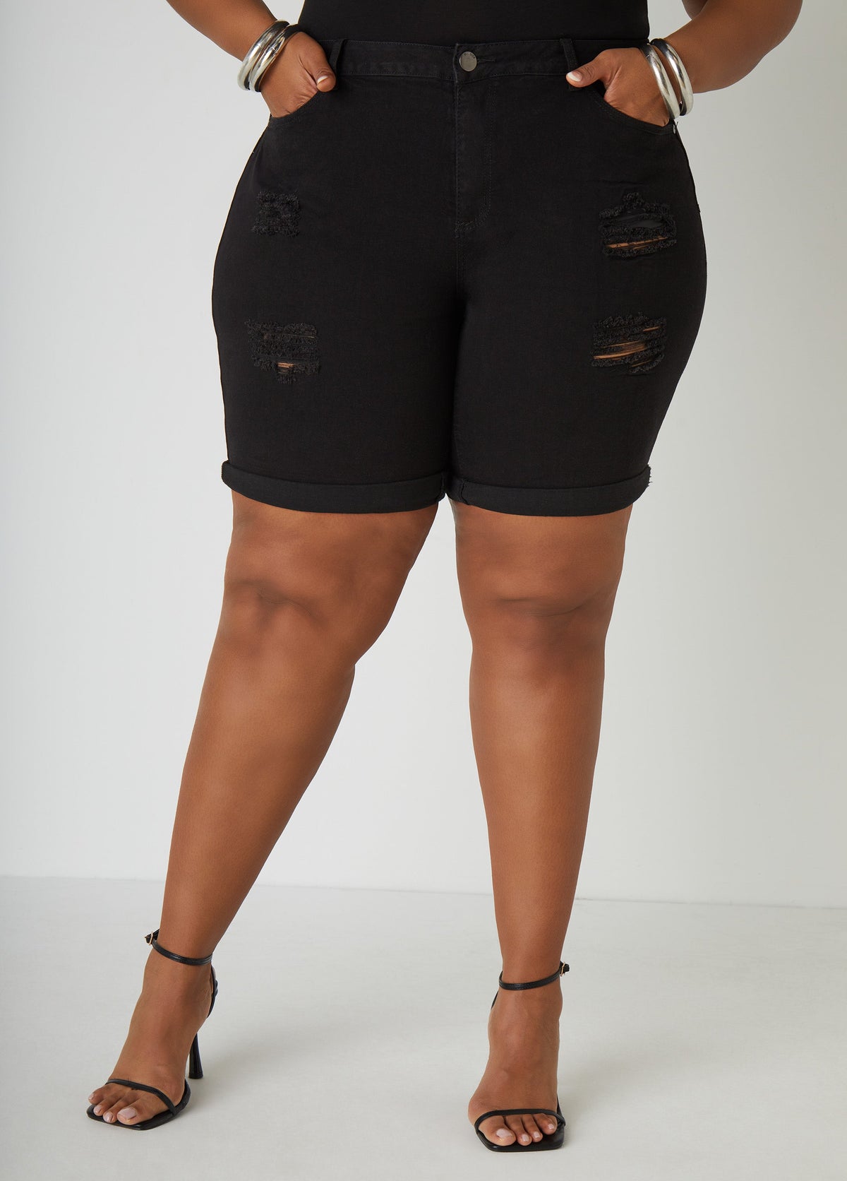 Cuffed Distressed Denim Shorts
