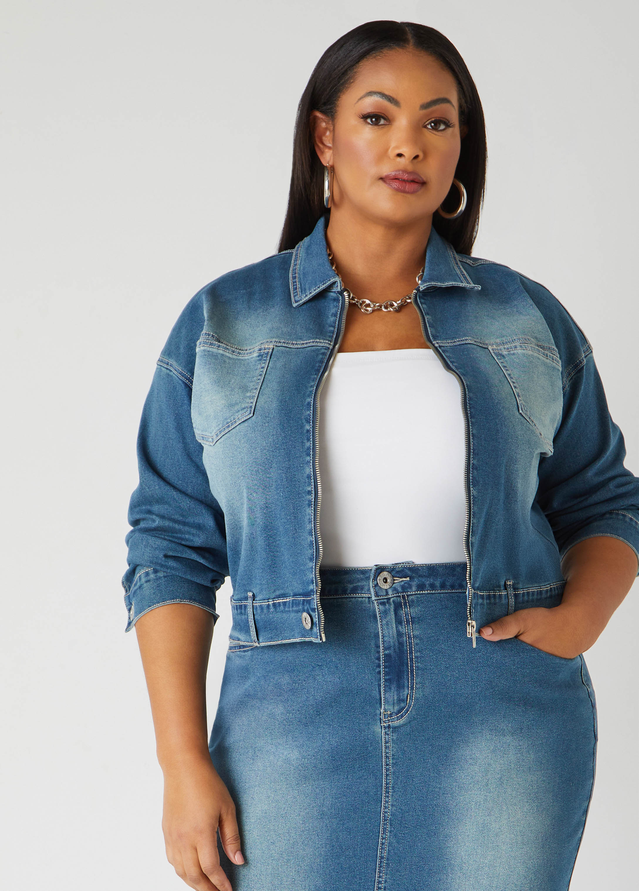 Cropped Zip Front Denim Jacket