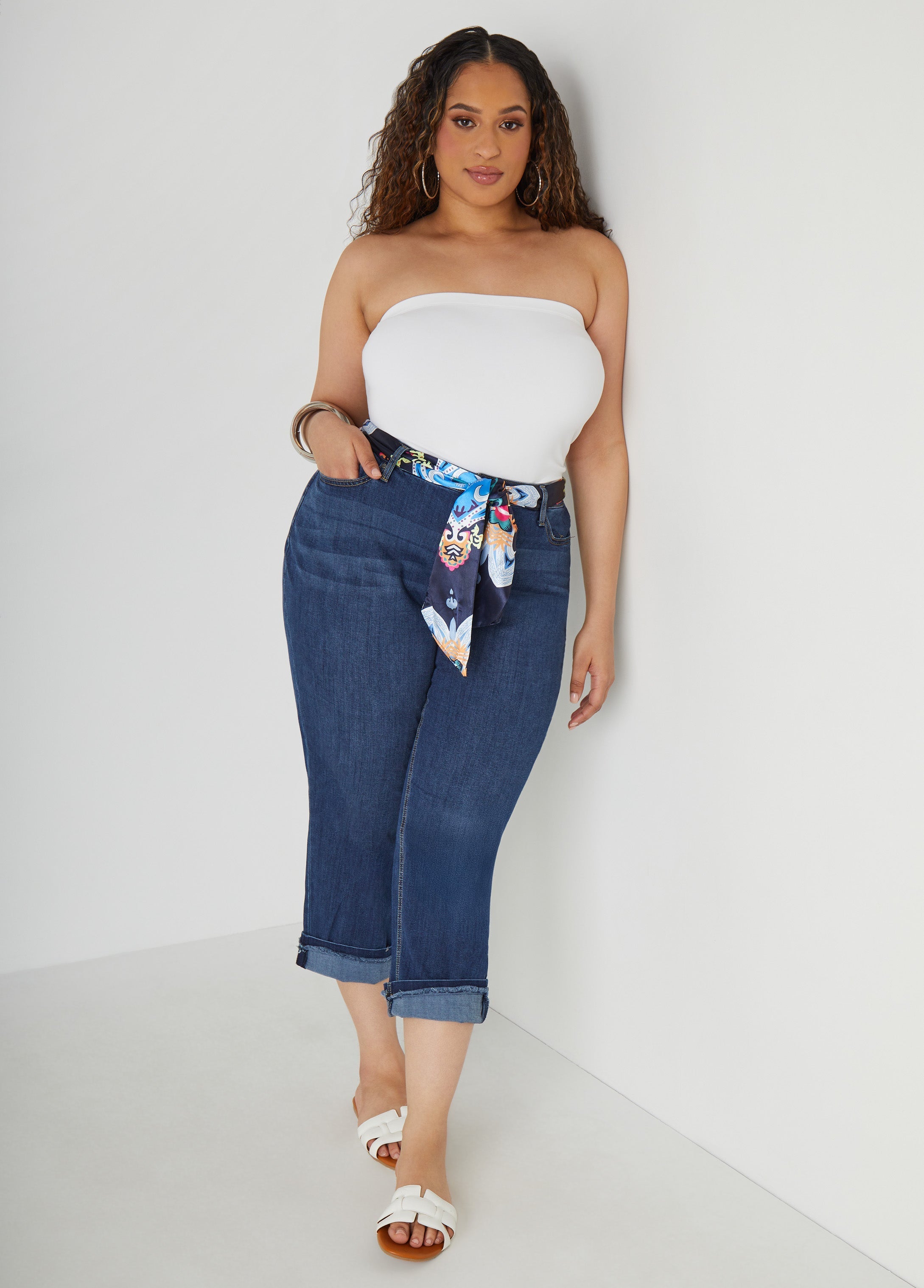 Scarf Belt Stretch Denim Capris