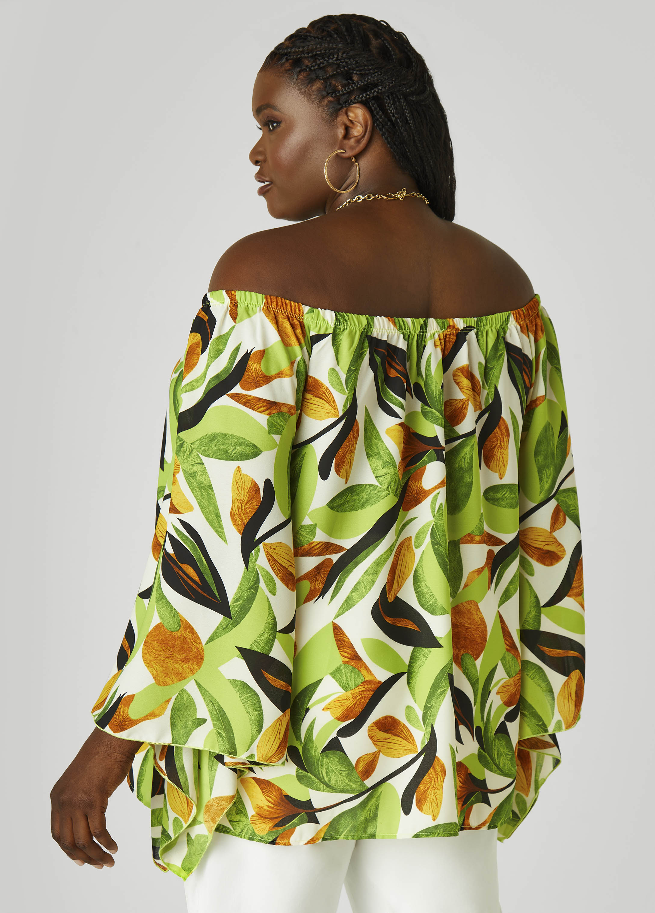Off The Shoulder Leaf Print Blouse