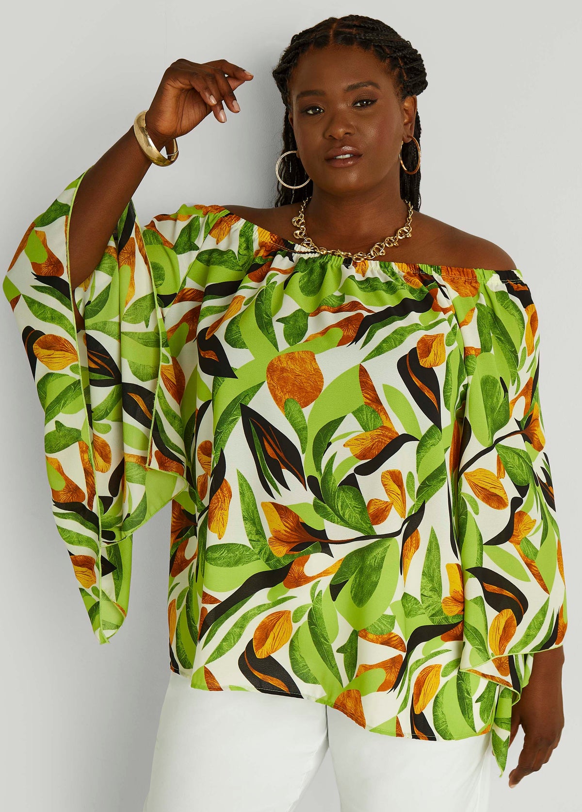 Off The Shoulder Leaf Print Blouse