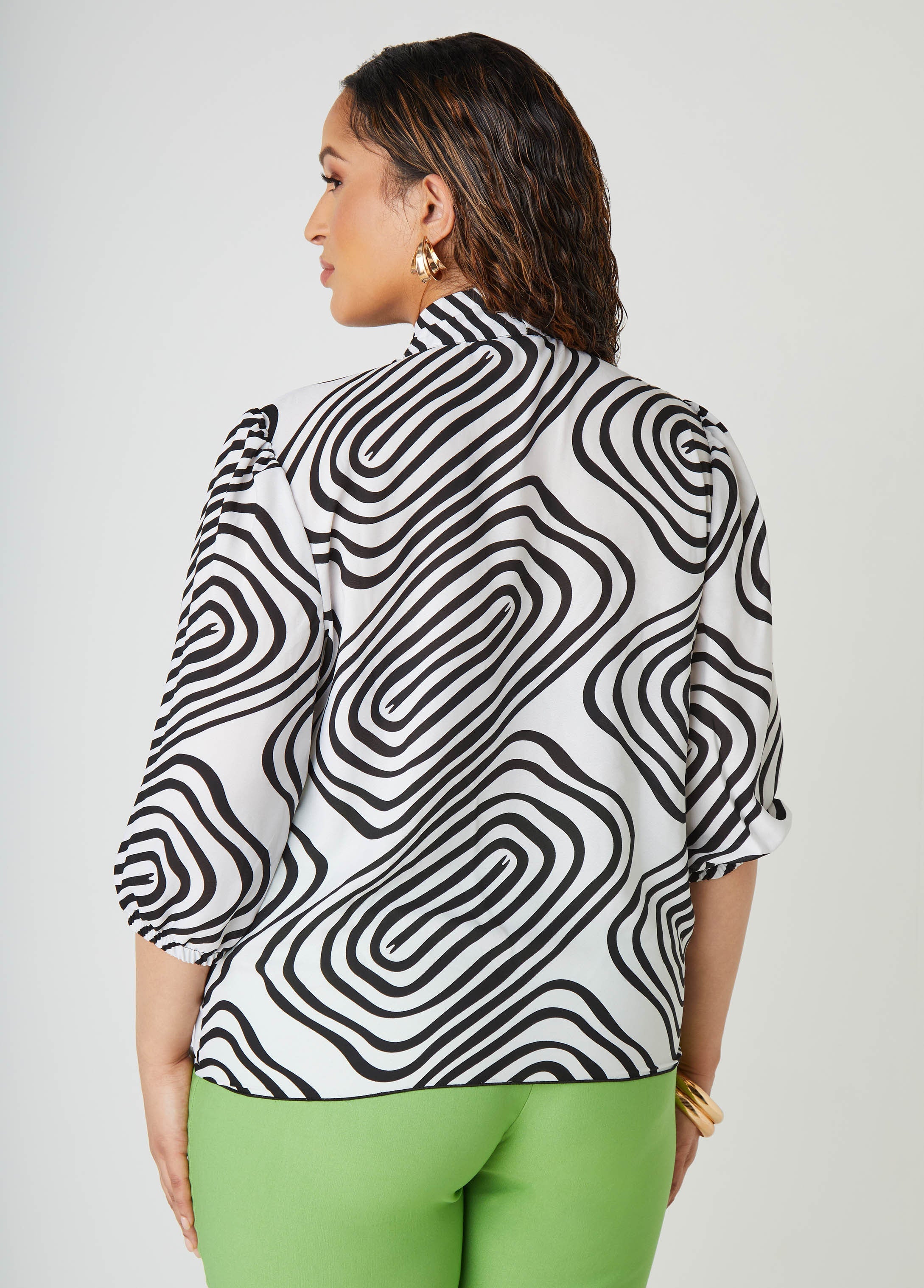 Wavy Print Tie Neck Blouse
