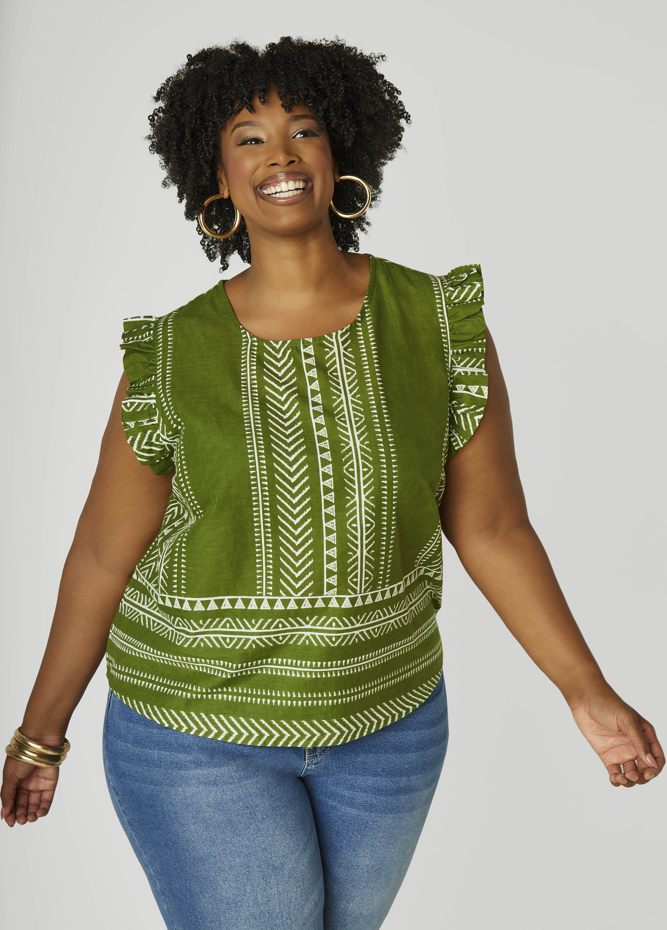 Ruffle Trimmed Printed Cotton Top