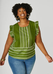 Ruffle Trimmed Printed Cotton Top
