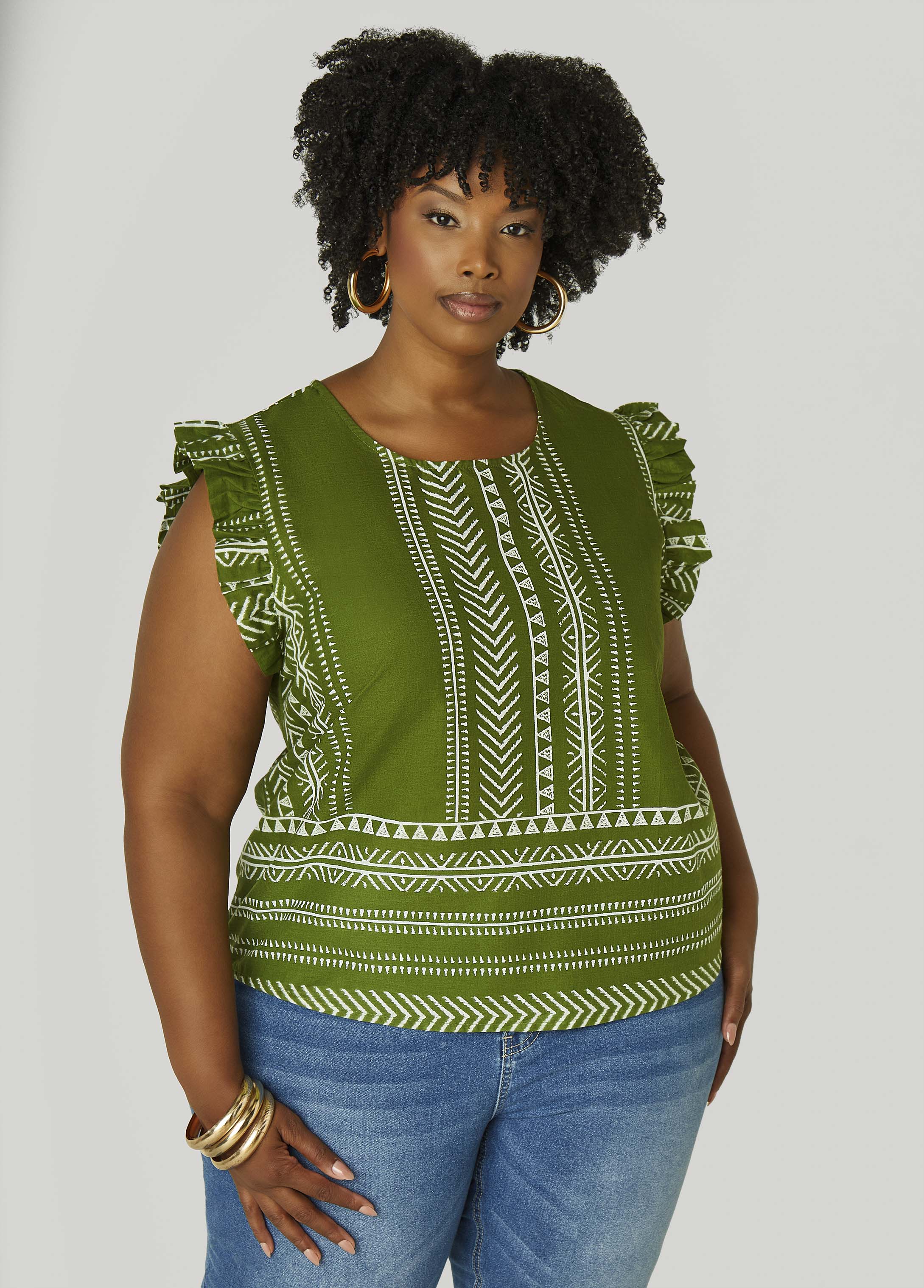Ruffle Trimmed Printed Cotton Top