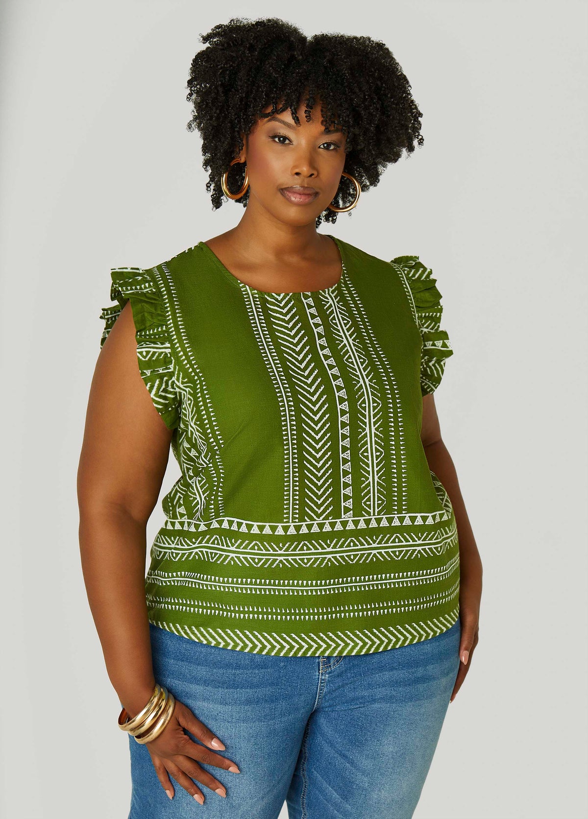 Ruffle Trimmed Printed Cotton Top