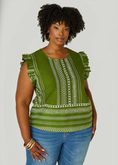 Ruffle Trimmed Printed Cotton Top