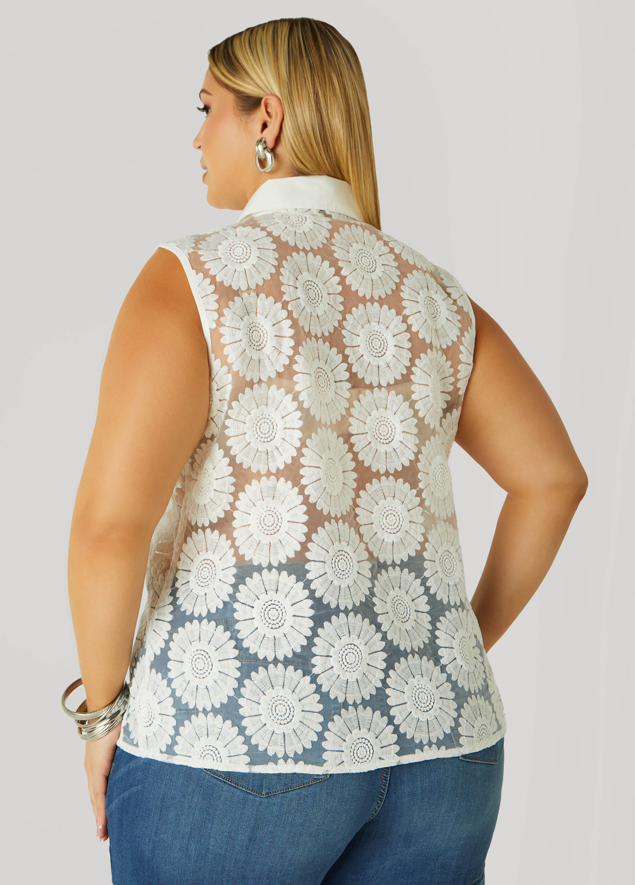 Floral Embroidered Mesh Shirt