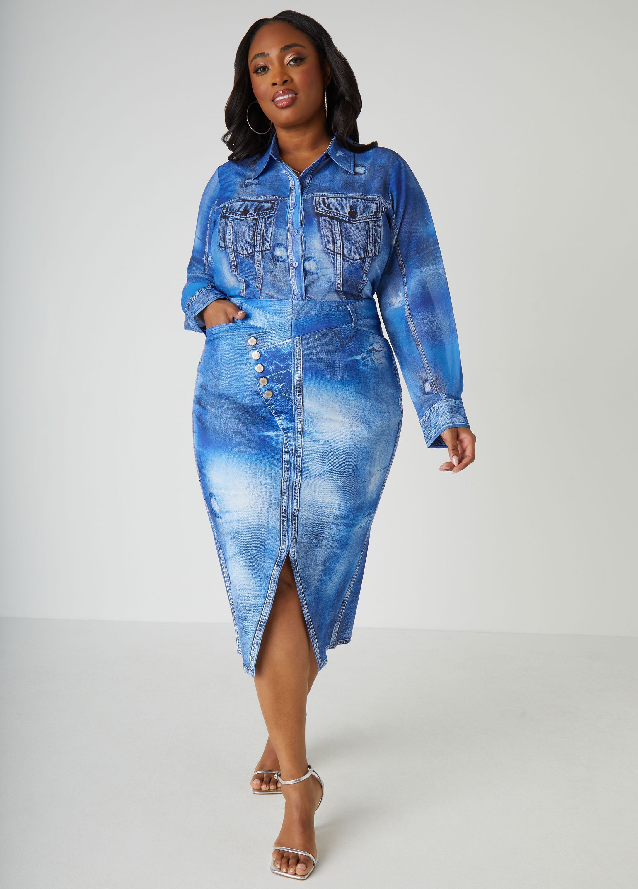 Front Split Denim Print Skirt