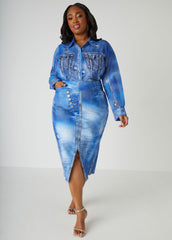 Front Split Denim Print Skirt