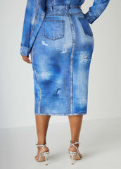 Front Split Denim Print Skirt