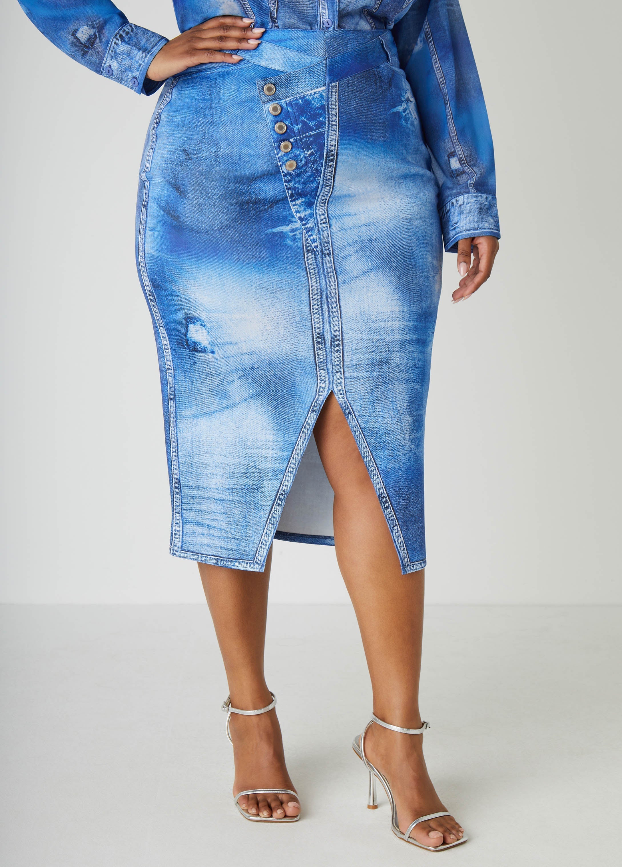 Front Split Denim Print Skirt