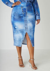 Front Split Denim Print Skirt