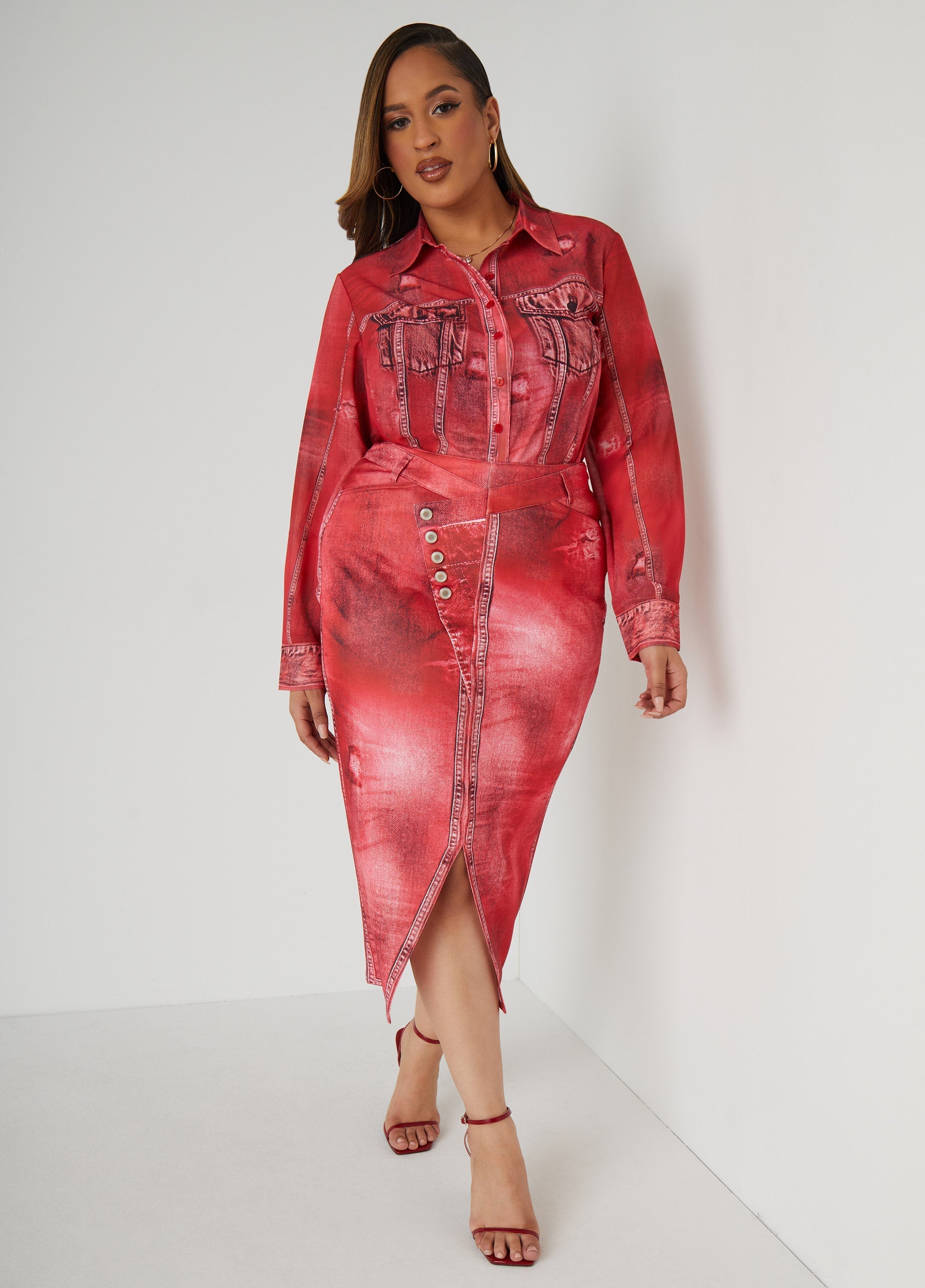 Front Split Denim Print Skirt