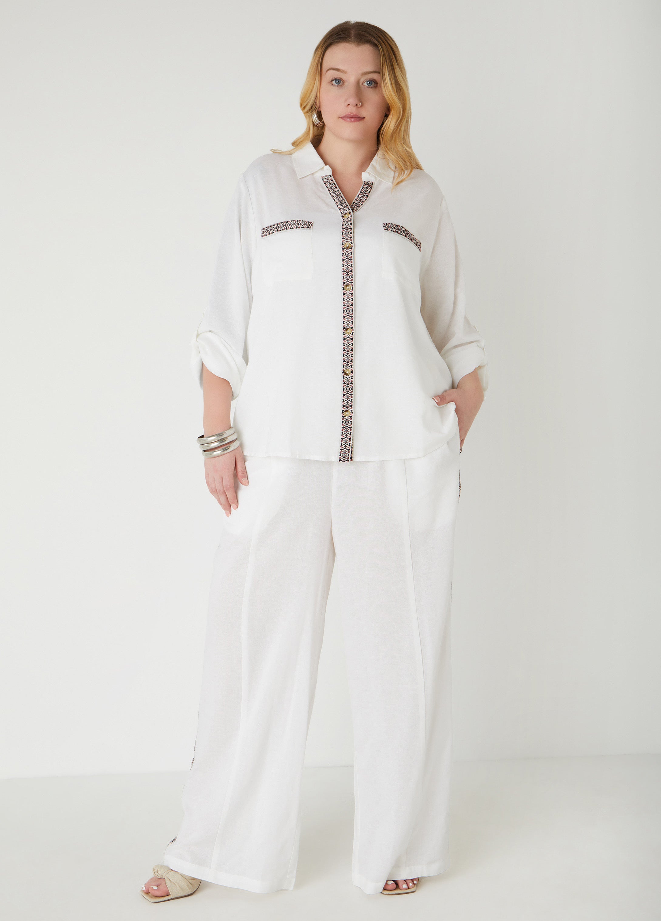 Embroidered Linen Blend Pants