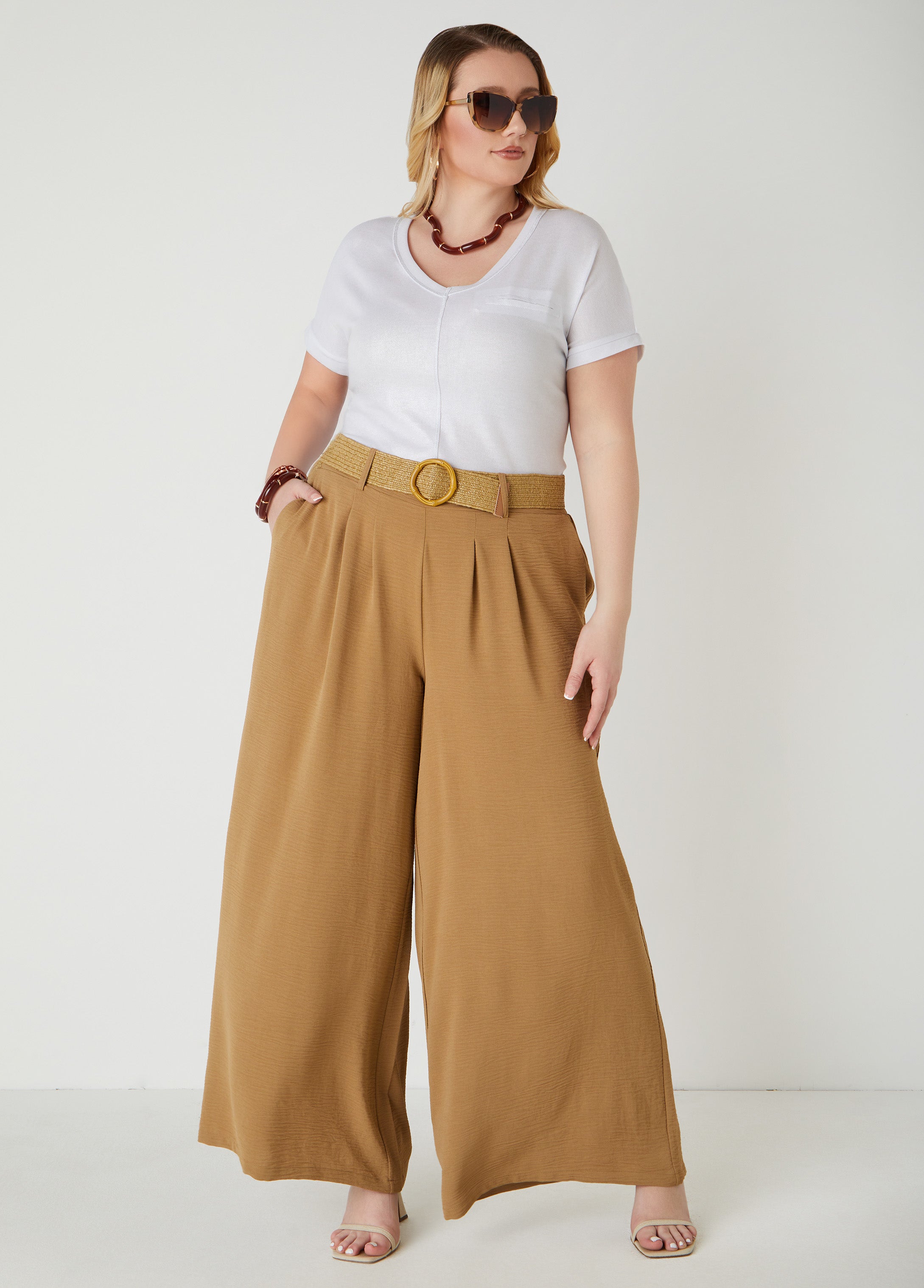 Belted Textured Wide Leg Pants