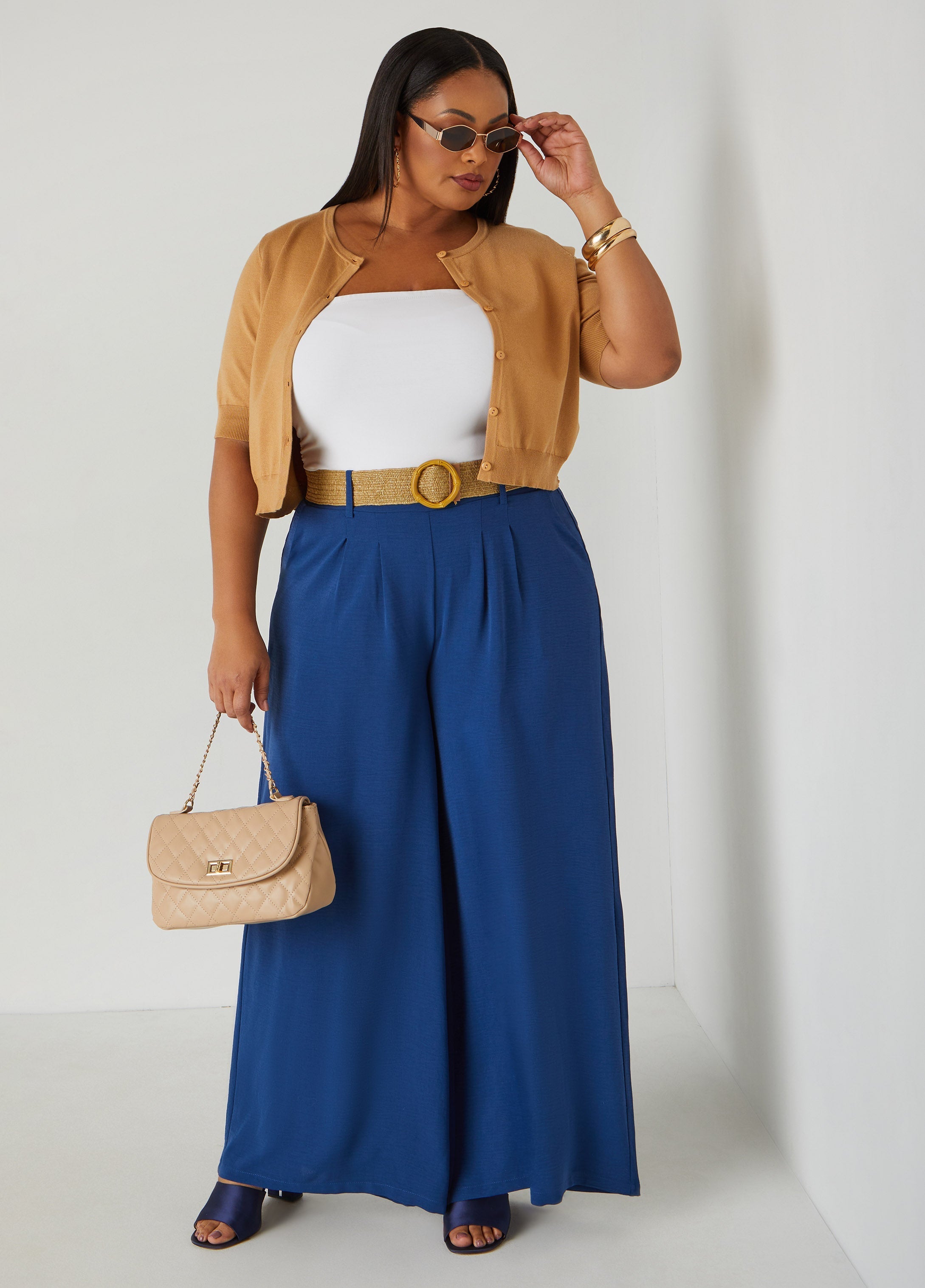 Belted Textured Wide Leg Pants
