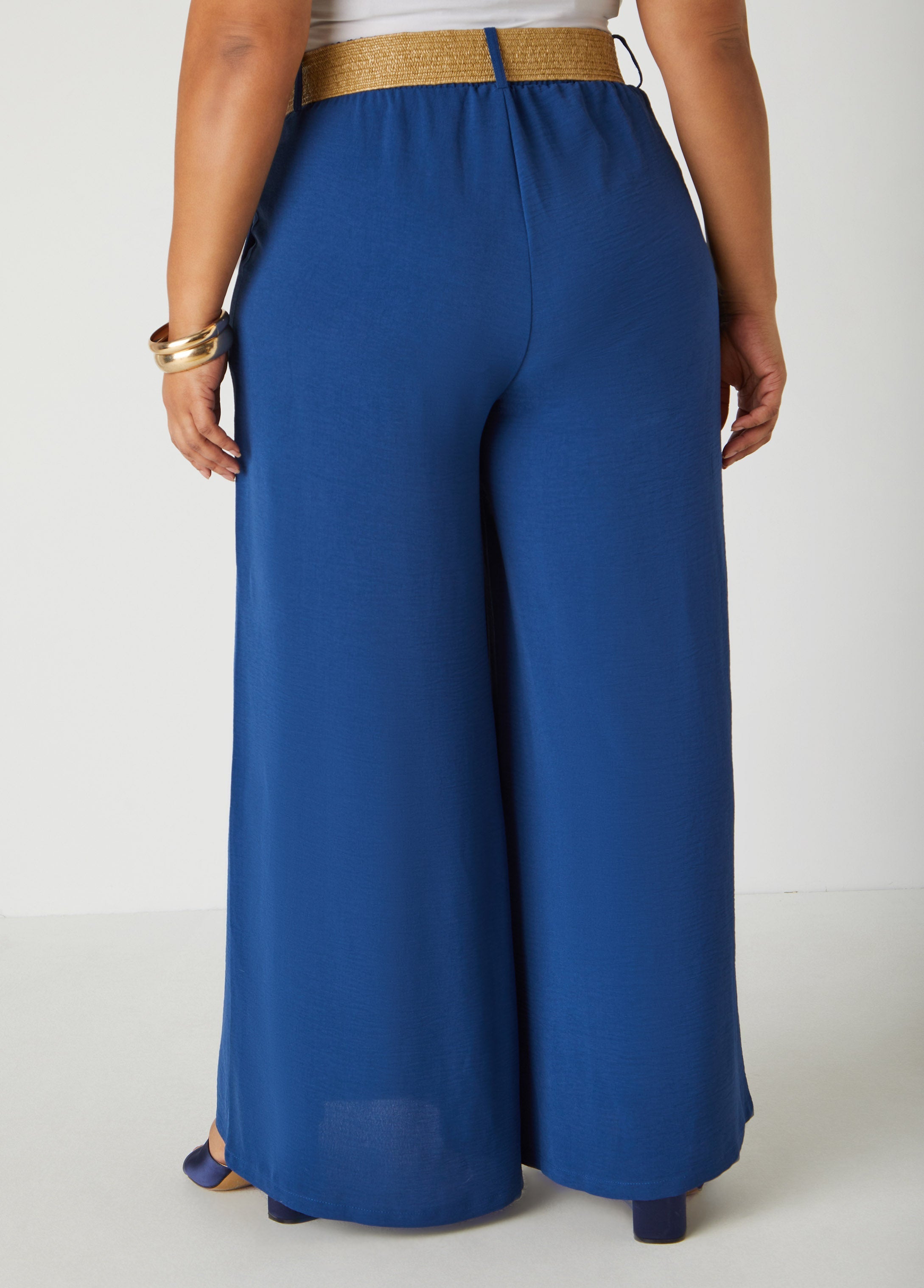 Belted Textured Wide Leg Pants